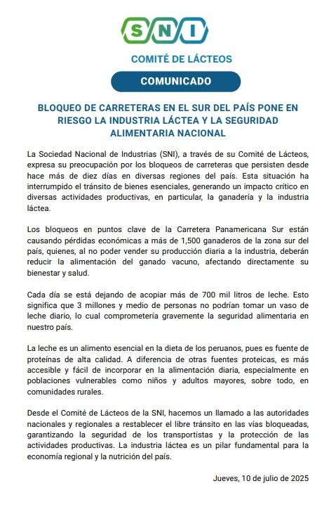 La industria lechera pierde S/1,2 millones diarios por la imposibilidad de trasladar la leche a los centros de acopio.