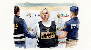 Ilustración acuarela de Nadeska Widausky con un chaleco que dice "INTERPOL DETENIDO", flanqueada por dos oficiales de policía, frente a logos de policía peruana y belga.