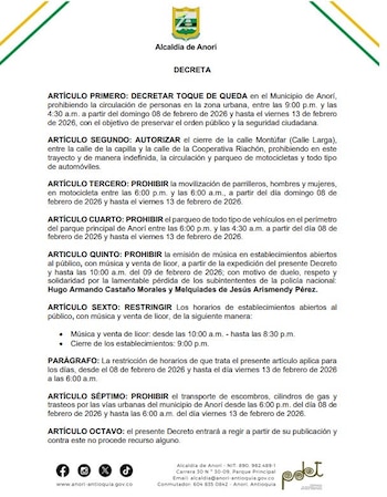 Alcaldía de Anorí anunció toque