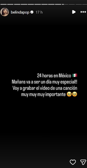 Captura de pantalla de una historia de Belinda en redes sociales, con texto blanco sobre fondo negro que anuncia una grabación especial en México