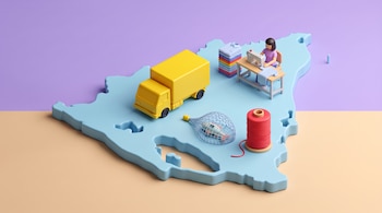 Un mapa tridimensional de Nicaragua con un camión amarillo, una persona cosiendo ropa, un rollo de hilo y una red con un pez.