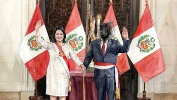 Ilustración de Dina Boluarte y una figura masculina con rostro difuminado alzando sus brazos, flanqueados por banderas de Perú, un crucifijo y una vela