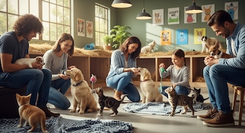 Cuatro adultos y una niña interactúan con varios cachorros y gatitos en un centro de adopción de animales. Hay carteles de 'Adopt Me' en la pared.