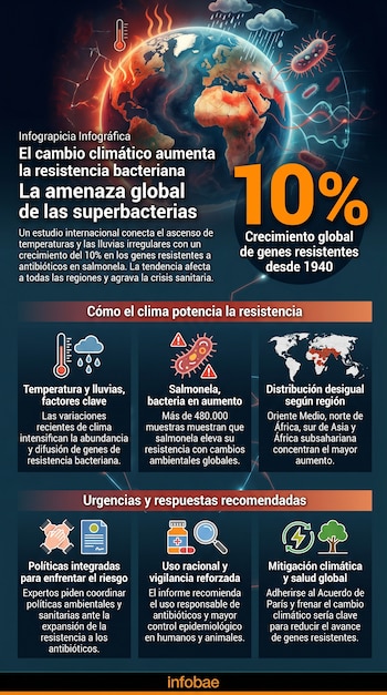 Infografía ilustrando el vínculo entre el cambio climático y la resistencia bacteriana. Muestra una Tierra caliente, bacterias, iconos climáticos y un aumento del 10%.