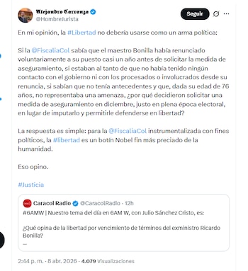 El abogado Alejandro Carranza señaló a la Fiscalía de estar instrumentalizada y de tener fines políticos - crédito @HombreJurista/X