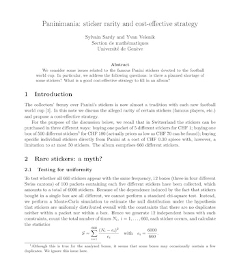 Una página de un documento científico titulada 'Paninimania: sticker rarity and cost-effective strategy', con texto, subtítulos y una fórmula matemática