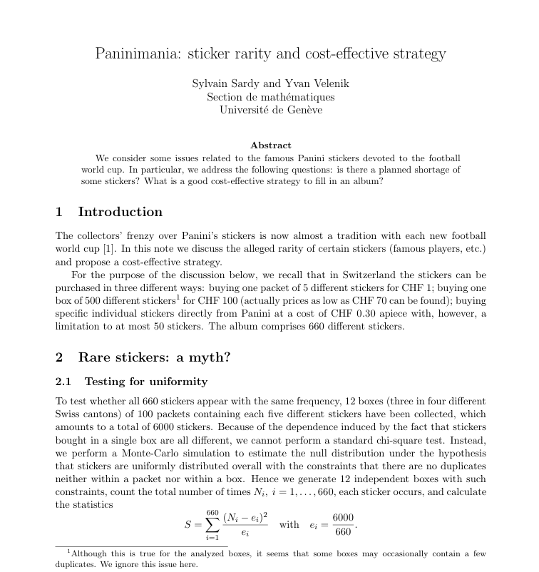 La carátul del paper de 2010, titulado 'Paninimania: sticker rarity and cost-effective strategy', que rompió con el mito de la figurita difícil y calculó la eficiencia de cambiar figuritas (Sardy y Velenik)