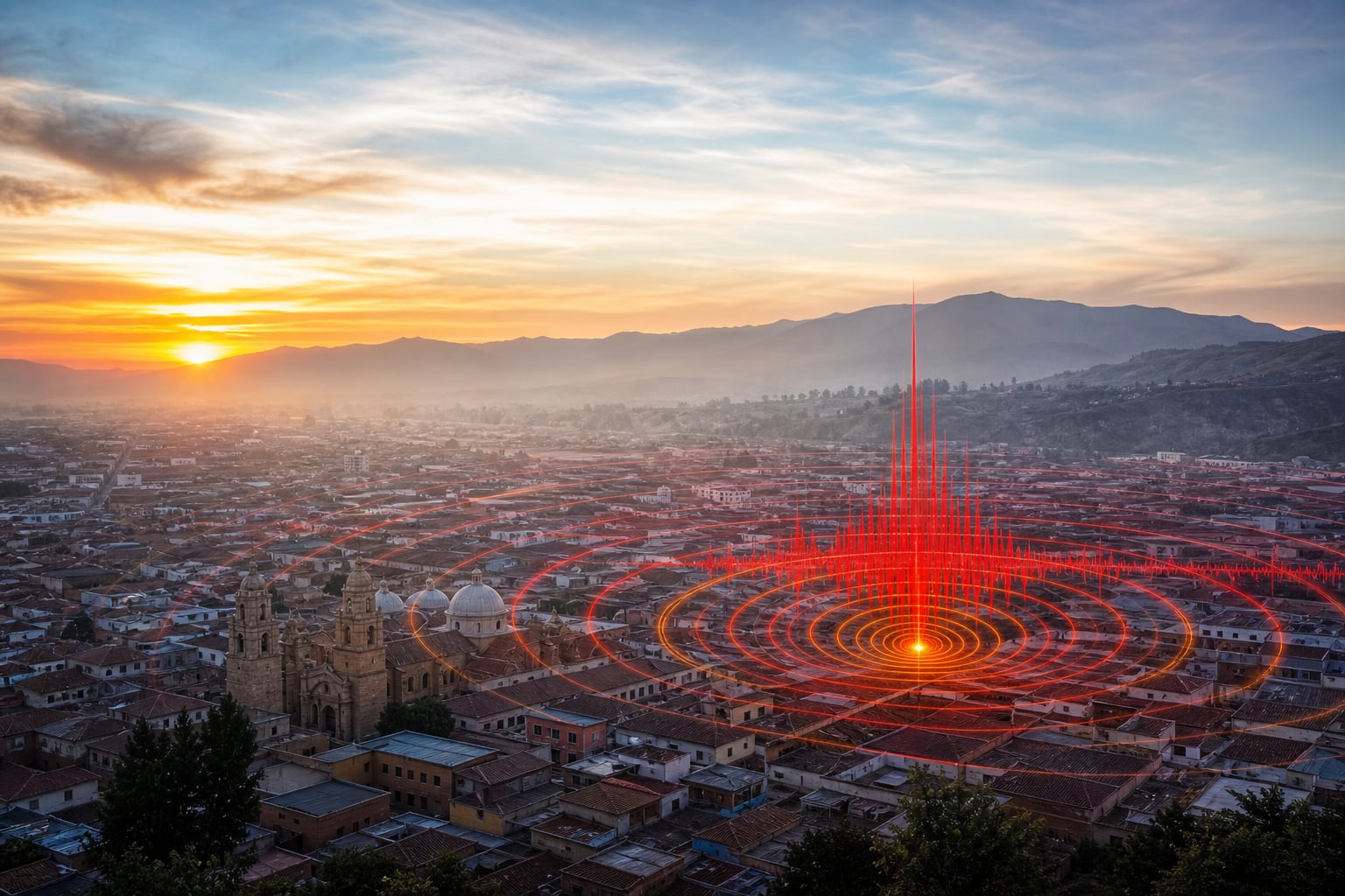 Un gráfico digital de ondas sísmicas sobre el plano de una ciudad peruana ilustra el epicentro y la propagación de un temblor. (Imagen Ilustrativa Infobae)