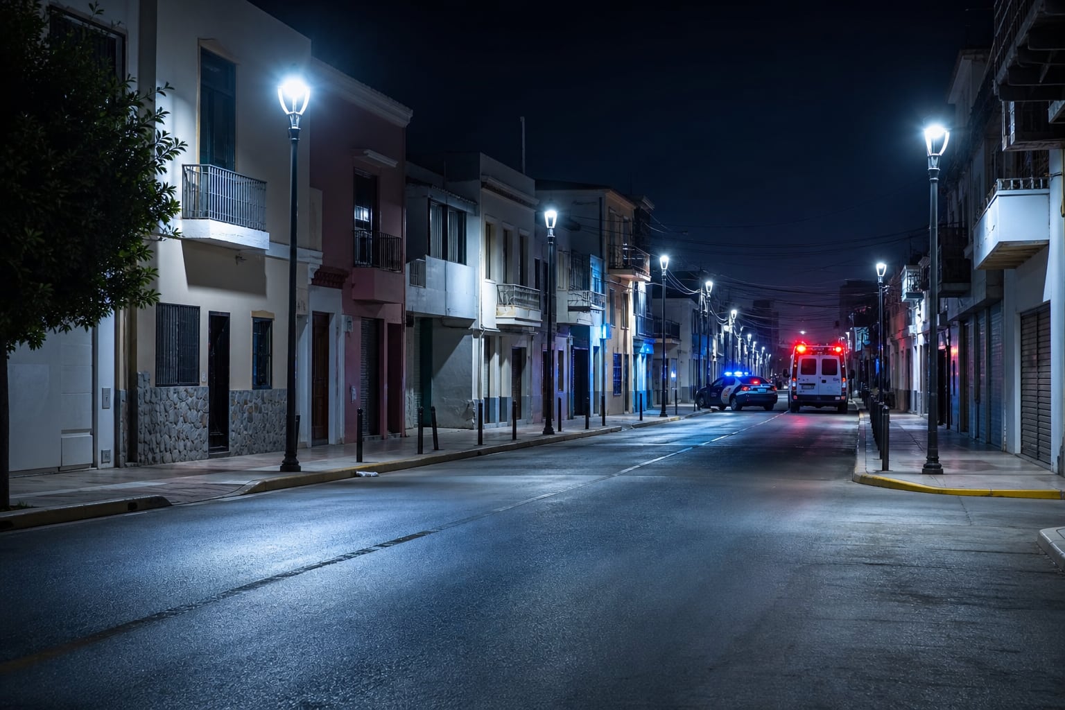 Vehículos de emergencia permanecen en una calle iluminada de Huacho para resguardar la zona tras un sismo. (Imagen Ilustrativa Infobae)