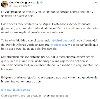 Duvalier Sánchez pidió que las armas no silencien las aspiraciones políticas tras el crimen de Castellanos - crédito @DuvalierSanchez