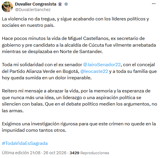 Duvalier Sánchez pidió que las armas no silencien las aspiraciones políticas tras el crimen de Castellanos - crédito @DuvalierSanchez