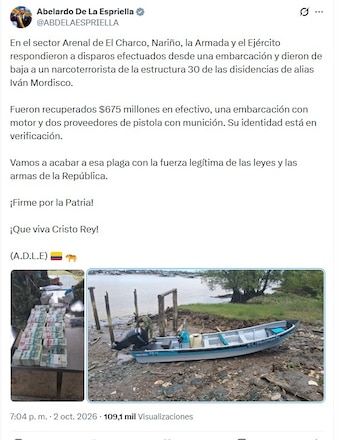 El presidente De la Espriella confirmó los detalles del operativo la noche del viernes 2 de octubre de 2026 vía X - crédito @ABDELAESPRIELLA/X