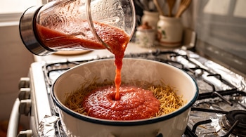 Una jarra de vidrio de licuadora vierte puré de tomate rojo sobre fideos tostados dentro de una olla en una estufa.