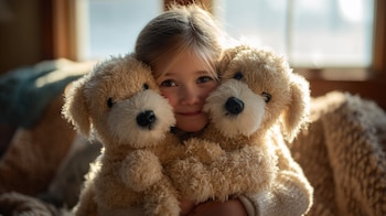 abrazo cálido, infancia alegre, ternura juguete, muñecos suaves, niña feliz, compañía tierna, amor infantil, dulzura pura, peluches caninos, juego inocente - (Imagen Ilustrativa Infobae)