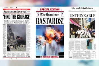 Tres portadas de periódicos estadounidenses con fotos de las Torres Gemelas en llamas y titulares sobre los atentados de 2001
