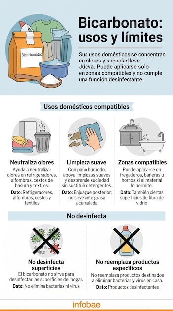Infografía con una bolsa de bicarbonato, elementos de aseo e iconos tachados sobre bacterias y productos de limpieza.