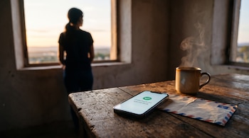 Un teléfono con un aviso de cobro en pantalla, un sobre aéreo y una taza sobre una mesa rústica, frente a una persona junto a una ventana.