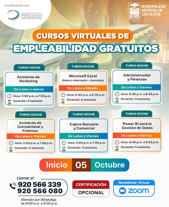 Las capacitaciones se desarrollarán de manera virtual mediante clases en vivo por la plataforma Zoom - Créditos: Municipalidad de Los Olivos.