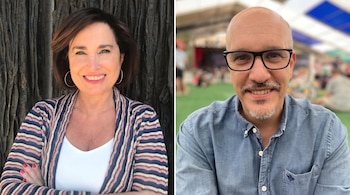 Díptico con el retrato de una mujer sonriente a la izquierda y el retrato de un hombre con gafas a la derecha.