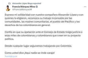 Francia Márquez se solidarizó con Alexander López por su salida del Senado ordenada por el Consejo de Estado - crédito @FranciaMarquezM/X