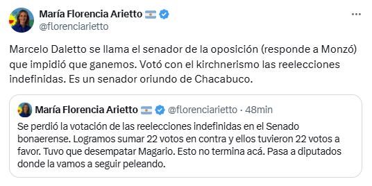 Arietto publicó un hilo de tweets donde repudió la votación
