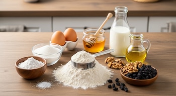 Una vista aérea muestra una mesada de madera con varios ingredientes para hornear, incluyendo harina, huevos, leche, miel, azúcar, sal, nueces y pasas.