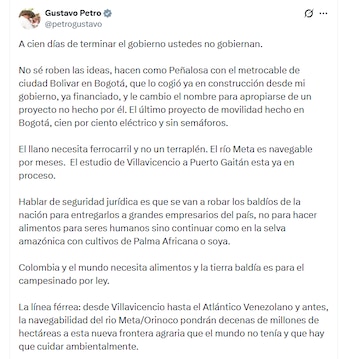 La polémica entre Petro y De la Espriella intensifica el debate sobre la autoría y propiedad de proyectos agroindustriales estratégicos - crédito @petrogustavo/X