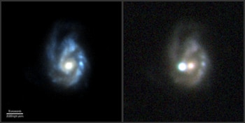 La supernova superluminosa SN 2017egm fue descubierta por la misión Gaia de la Agencia Espacial Europea el 23 de mayo de 2017. Explotó en una galaxia espiral barrada masiva conocida como NGC 3191, que se muestra a la izquierda antes de la erupción. La imagen de la derecha, tomada el 1 de julio de 2017, muestra la supernova brillando más que toda la galaxia.
A la izquierda, SDSS y PS1; a la derecha, NOT+ALFSOC/Bose et al. 2020