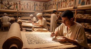 Un scriptorium egipcio recreado. Hombres con túnicas escriben y corrigen papiros con jeroglíficos. Estanterías llenas de rollos y paredes con pinturas funerarias.