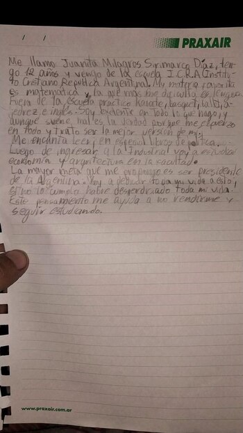 La carta de Juanita que mostró su profesora, Gabriela Petit, en Facebook