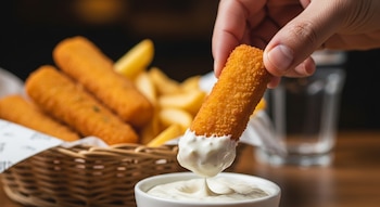 Una mano sostiene un palito de pescado frito dorado sumergiéndolo en salsa tártara. Una cesta con más palitos y papas fritas se ve al fondo desenfocado.