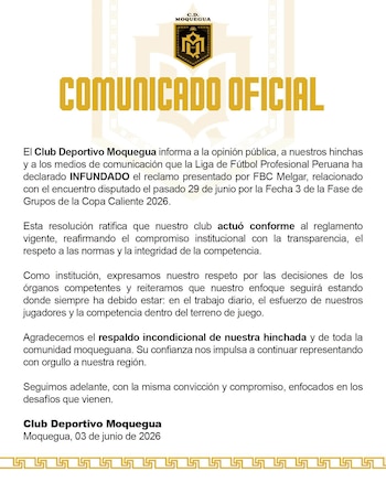 Comunicado oficial de CD Moquegua. Crédito: Facebook CD Moquegua.