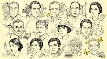 Catorce retratos de escritores con símbolos de sus obras, dibujados en línea negra sobre un fondo amarillo crema.