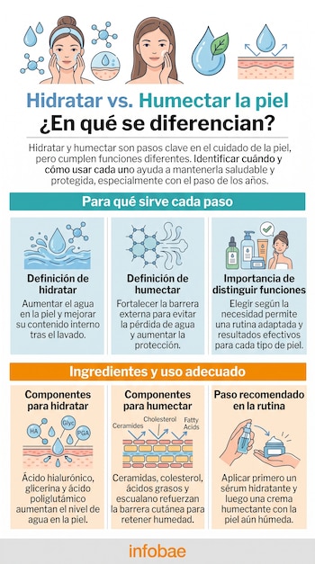 Infografía con ilustraciones de rostros femeninos, gotas de agua, estructuras moleculares, cosméticos y textos sobre el cuidado de la piel.
