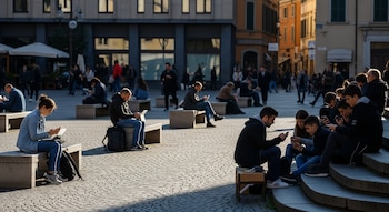 Varias personas sentadas en una plaza adoquinada al aire libre, absortas en sus teléfonos móviles y portátiles bajo la luz del sol. Edificios se ven al fondo.