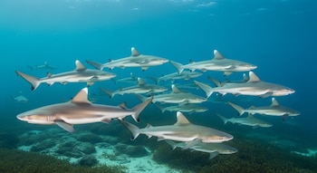 Numerosos tiburones grises y blancos nadan bajo el agua, con aletas dorsales claras y hocicos puntiagudos, sobre un fondo marino con vegetación y arena.