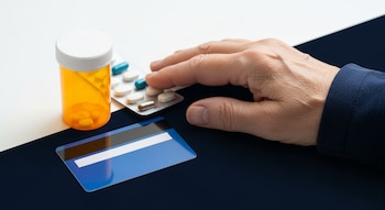 Mano de adulto mayor, frasco de pastillas naranja, blíster con píldoras. Tarjeta plástica azul con banda negra y blanca sobre superficie bicolor.