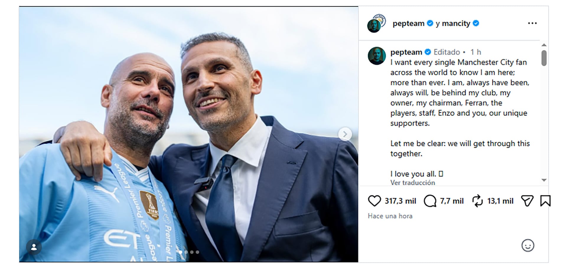 El entrenador Pep Guardiola reafirmó su compromiso con el Manchester City mediante una publicación junto al presidente del club, Khaldoon Al Mubarak.
