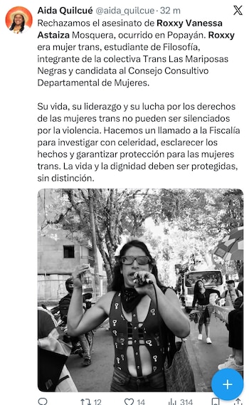 Aida Quilcué pidió celeridad a la Fiscalía por el asesinato de Roxxy Vanessa Astaiza - crédito @aida_quilcue/X