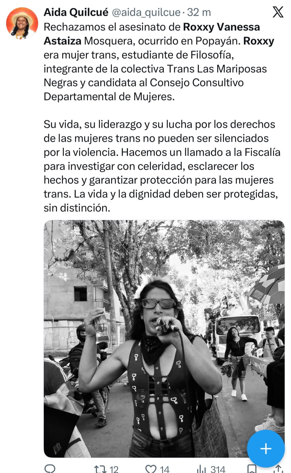 Aida Quilcué pidió celeridad a la Fiscalía por el asesinato de Roxxy Vanessa Astaiza - crédito @aida_quilcue/X