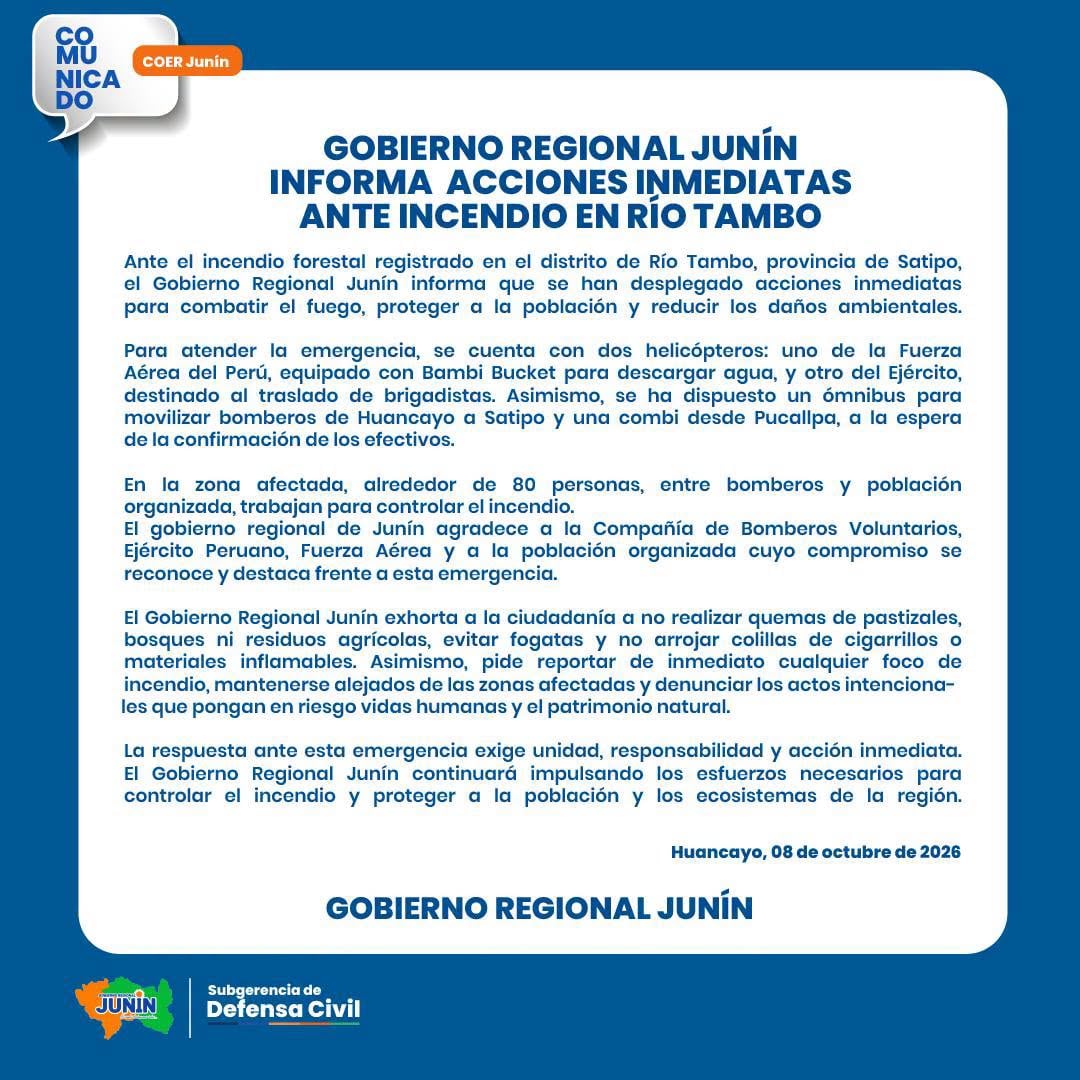 Un comunicado del Gobierno Regional de Junín detalla el despliegue de helicópteros y brigadistas para combatir un incendio forestal en el distrito de Río Tambo. (Foto: Subgerencia de Defensa Civil - Gobierno Regional de Junín)