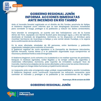 Un comunicado gráfico en azul y blanco con el logotipo del Gobierno Regional de Junín sobre las acciones ante un incendio en Río Tambo