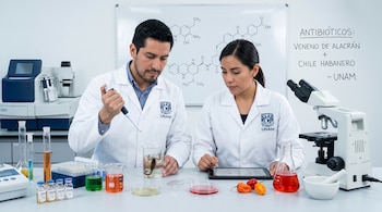 Dos científicos de la UNAM en un laboratorio; uno manipula un alacrán en un vaso, la otra ve una tablet, con chiles habaneros en la mesa.