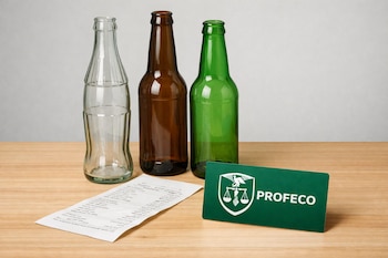 Tres botellas de vidrio vacías, un ticket de compra y una tarjeta verde de Profeco se exhiben sobre una mesa de madera clara con fondo gris.