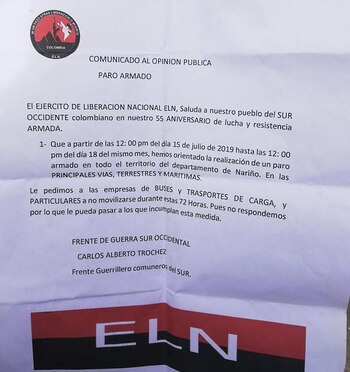 El panfleto del ELN (Twitter: