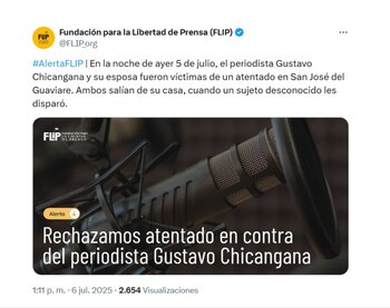 La Flip denunció fallas en la atención a las alertas emitidas por el periodista Gustavo Chicangana - crédito @FLIP_org/X