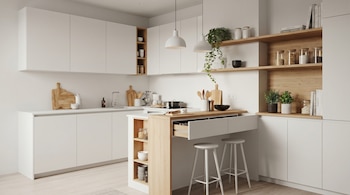 Vista de una cocina moderna y organizada con gabinetes superiores e inferiores blancos, estantes de madera clara con plantas y utensilios, y una isla con dos taburetes blancos.