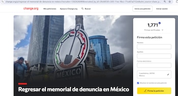 Captura de pantalla de Change.org. Muestra letrero circular con pala y 'México', 1.771 firmas verificadas y formulario de una petición