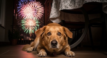 Un perro de color canela claro yace en el suelo con una expresión de miedo, mientras en el fondo se aprecian fuegos artificiales de colores brillantes.