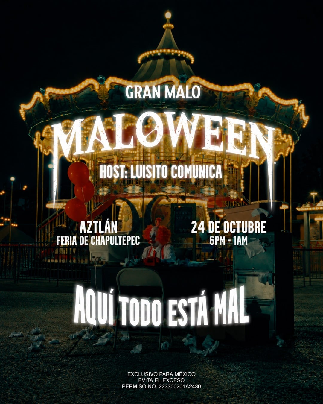 Un cartel anuncia el evento temático Maloween de la marca Gran Malo presentado por Luisito Comunica con la imagen de un tiovivo iluminado. (Maloween/Redes sociales)